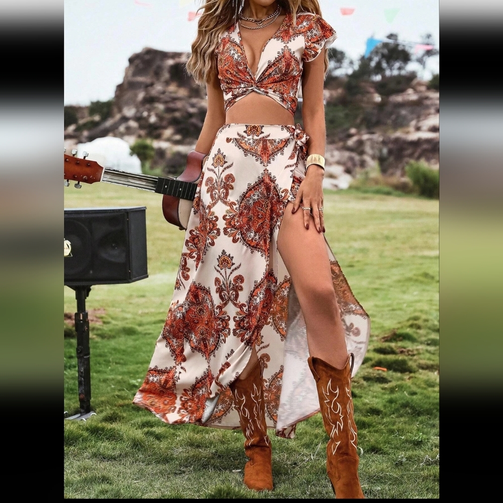 Bohemian Wrap Skirt & Shirt  in Orange and Cream